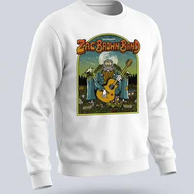 Vintage illustration of a guitar player under a moonlit sky with Zac Brown Band text — printed on a unisex sweatshirt