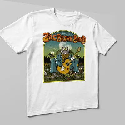 Vintage illustration of a guitar player under a moonlit sky with Zac Brown Band text — printed on a unisex t-shirt (angled view)