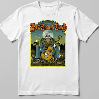Vintage illustration of a guitar player under a moonlit sky with Zac Brown Band text