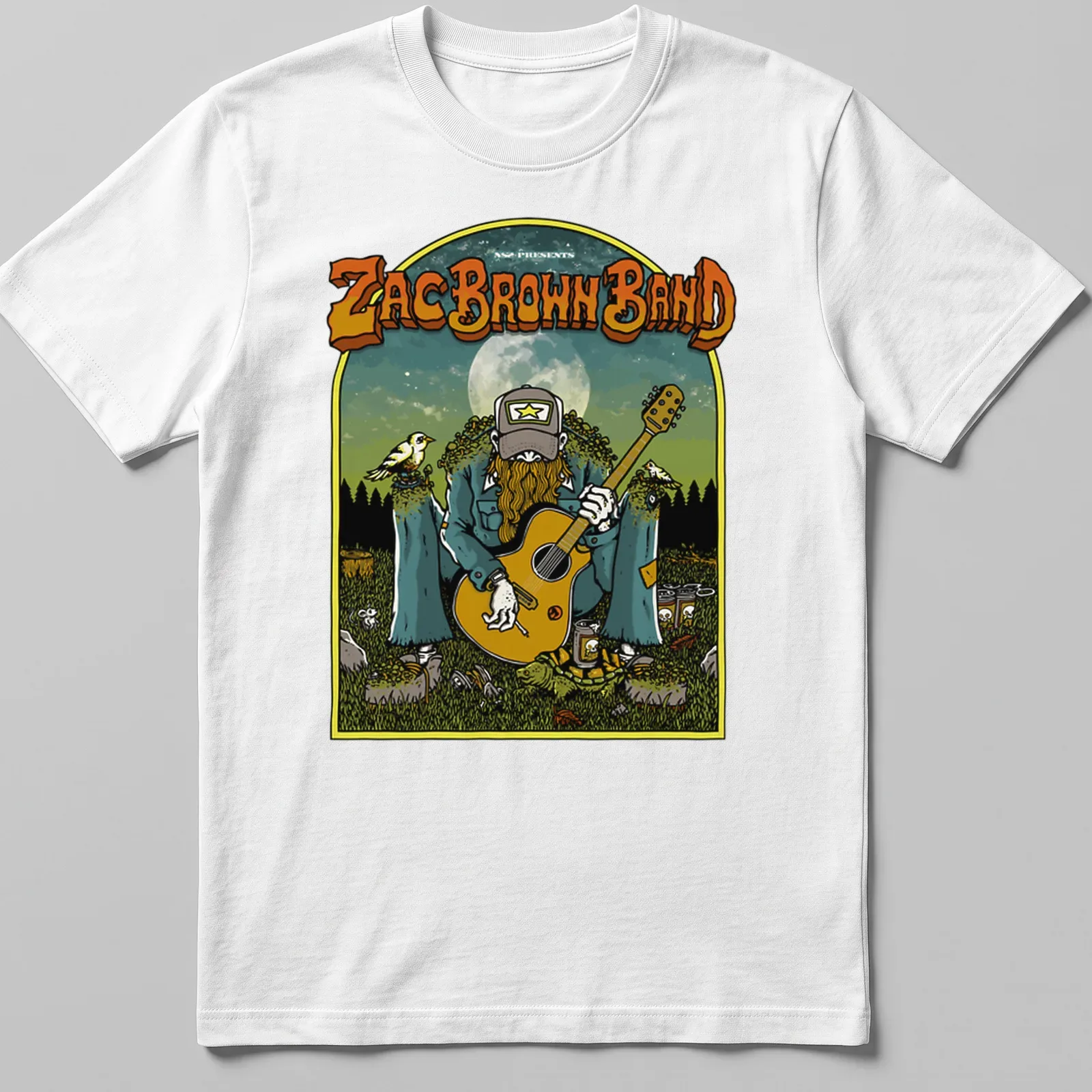 Vintage illustration of a guitar player under a moonlit sky with Zac Brown Band text — printed on a unisex t-shirt